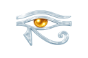 Transparent cartoon eye of Horus with glowing gold pupils