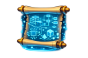 Glowing transparent cartoon papyrus scroll icon with golden bands