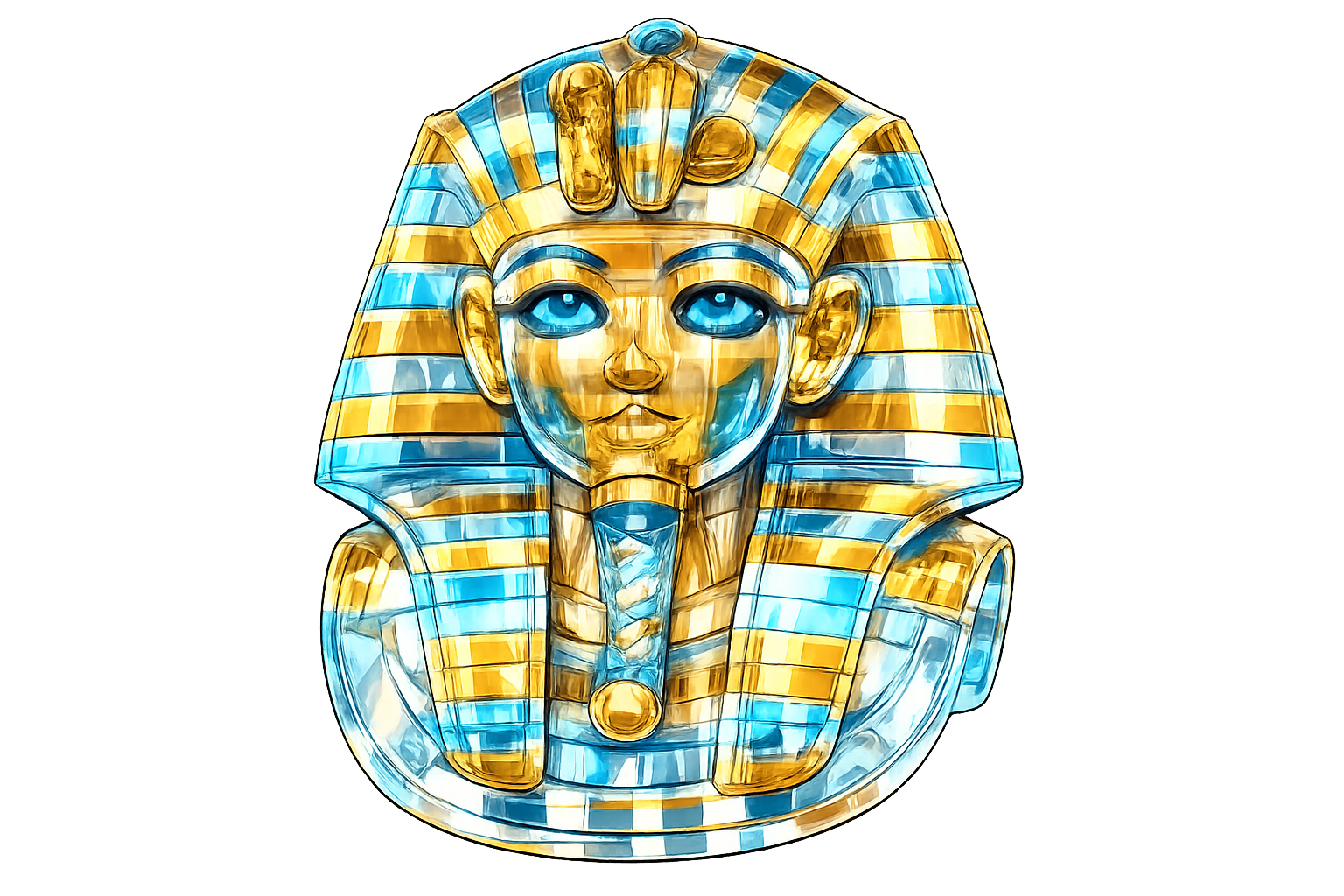 Highly detailed transparent cartoon rendering of a golden Pharaoh mask with cyan highlights